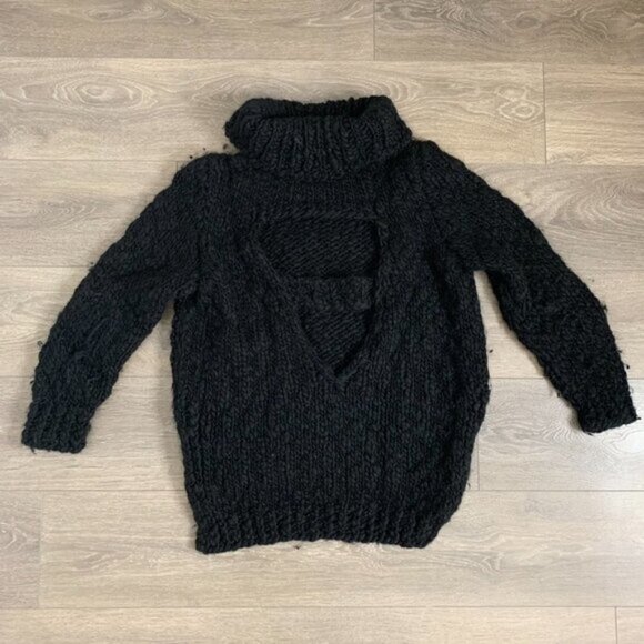 Women's Wolf & Cecil Merino Wool Chunky Knit Sweater Turtleneck Black Cutout - Picture 16 of 16